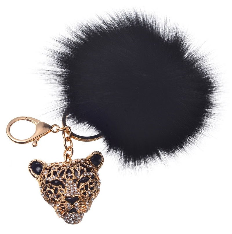 Giftale Leopard with Black Fox Fur Pom Pom Keychain for Women Ball Bag Charm - Image 2